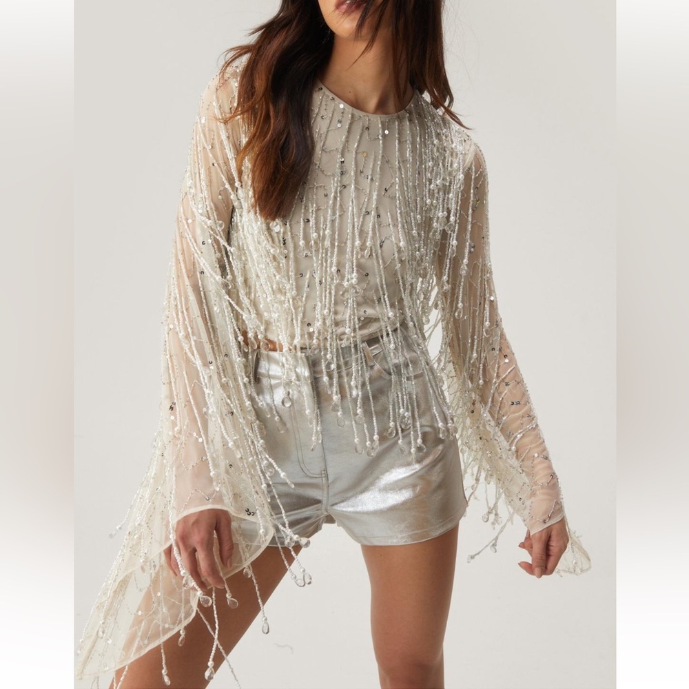 Nasty Gal Beaded Tassel Sheer Bell Sleeve Top Size US 6